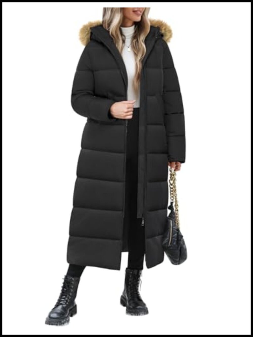 Women's Long Puffer Coat Maxi Length Quilted Winter Jacket Removable Faux Fur